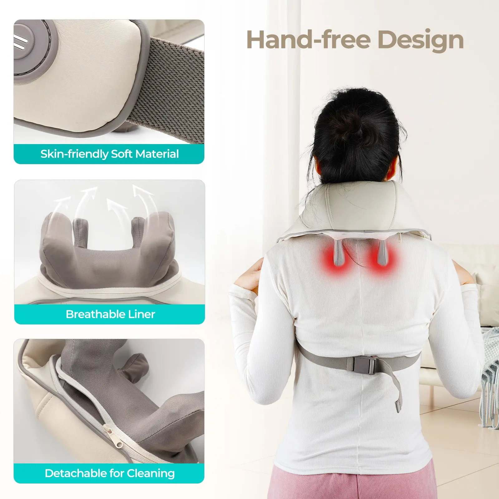 ASPRIA by NAIPO Massaggiatore per collo Shiatsu 5D con massaggiatore per spalle portatile ricaricabile al calore per collo, spalle, schiena, gambe e massaggio completo del corpo, Beige - Image 6