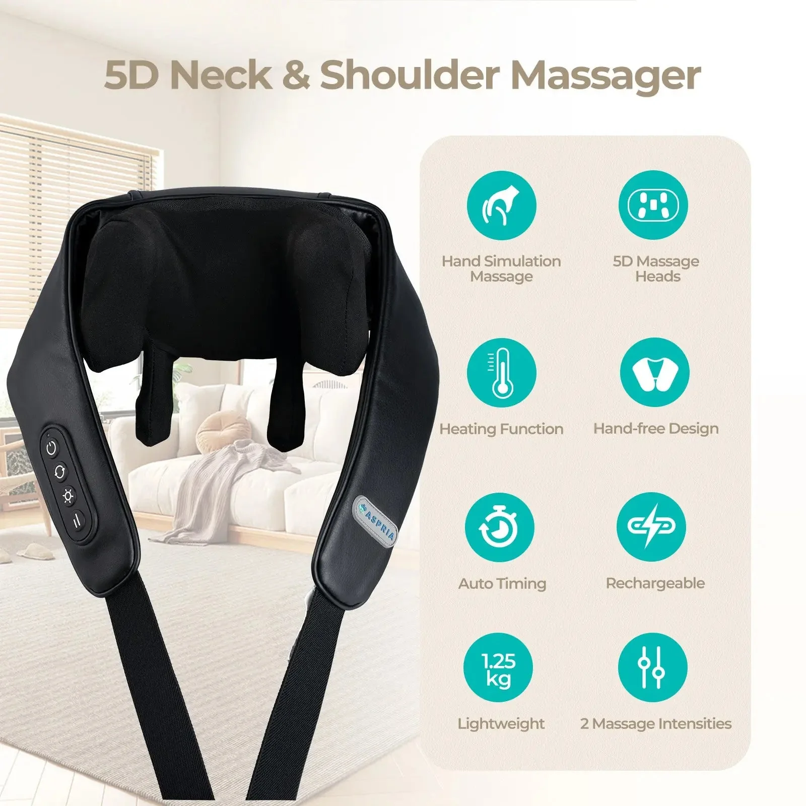 Aspria by NAIPO Massaggiatore per collo Shiatsu 5D con calore, ricaricabile, massaggiatore per spalle portatile per collo, spalle, schiena, gambe e massaggio completo del corpo, nero - Image 3