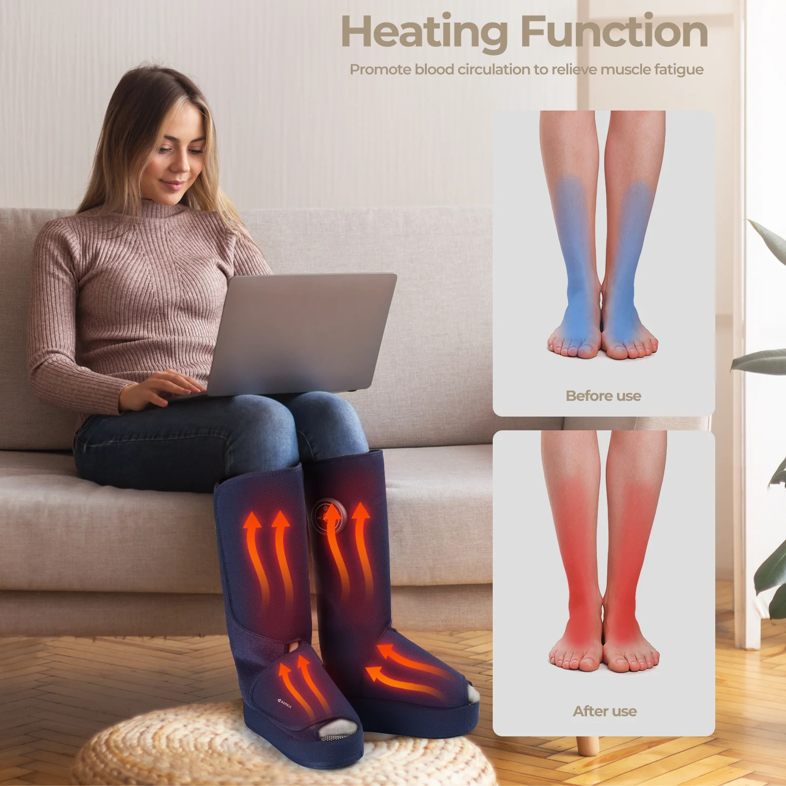 Aspria by Naipo Massaggiatore per piedi, Massaggiatore per piedi per polpacci 2 in 1 con compressione dell'aria, vibrazione e terapia del calore, Stivali per massaggio ai piedi per gambe gonfie, edema, Design wireless, Blu - Image 2