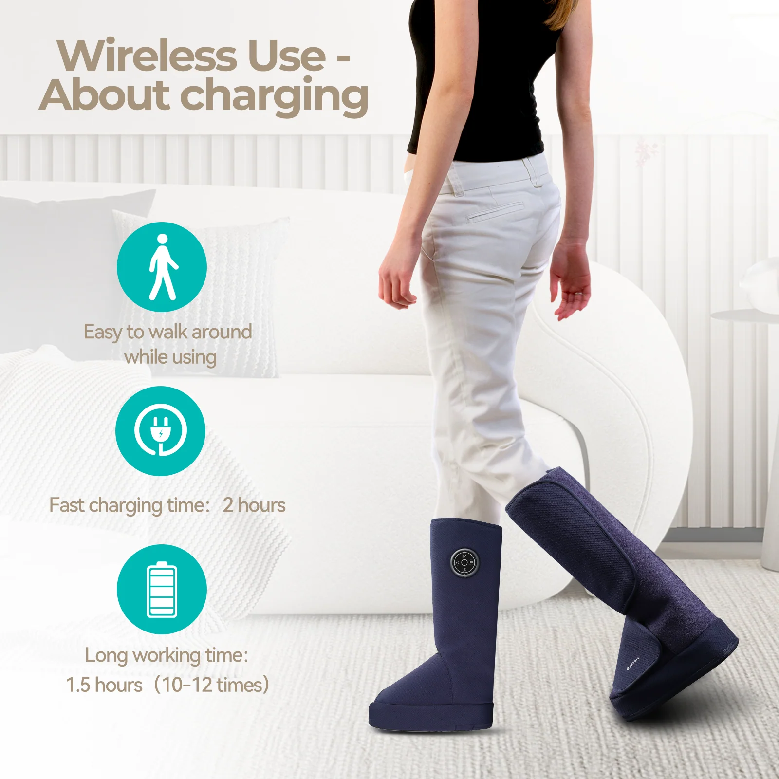 Aspria by Naipo Massaggiatore per piedi, Massaggiatore per piedi per polpacci 2 in 1 con compressione dell'aria, vibrazione e terapia del calore, Stivali per massaggio ai piedi per gambe gonfie, edema, Design wireless, Blu - Image 5