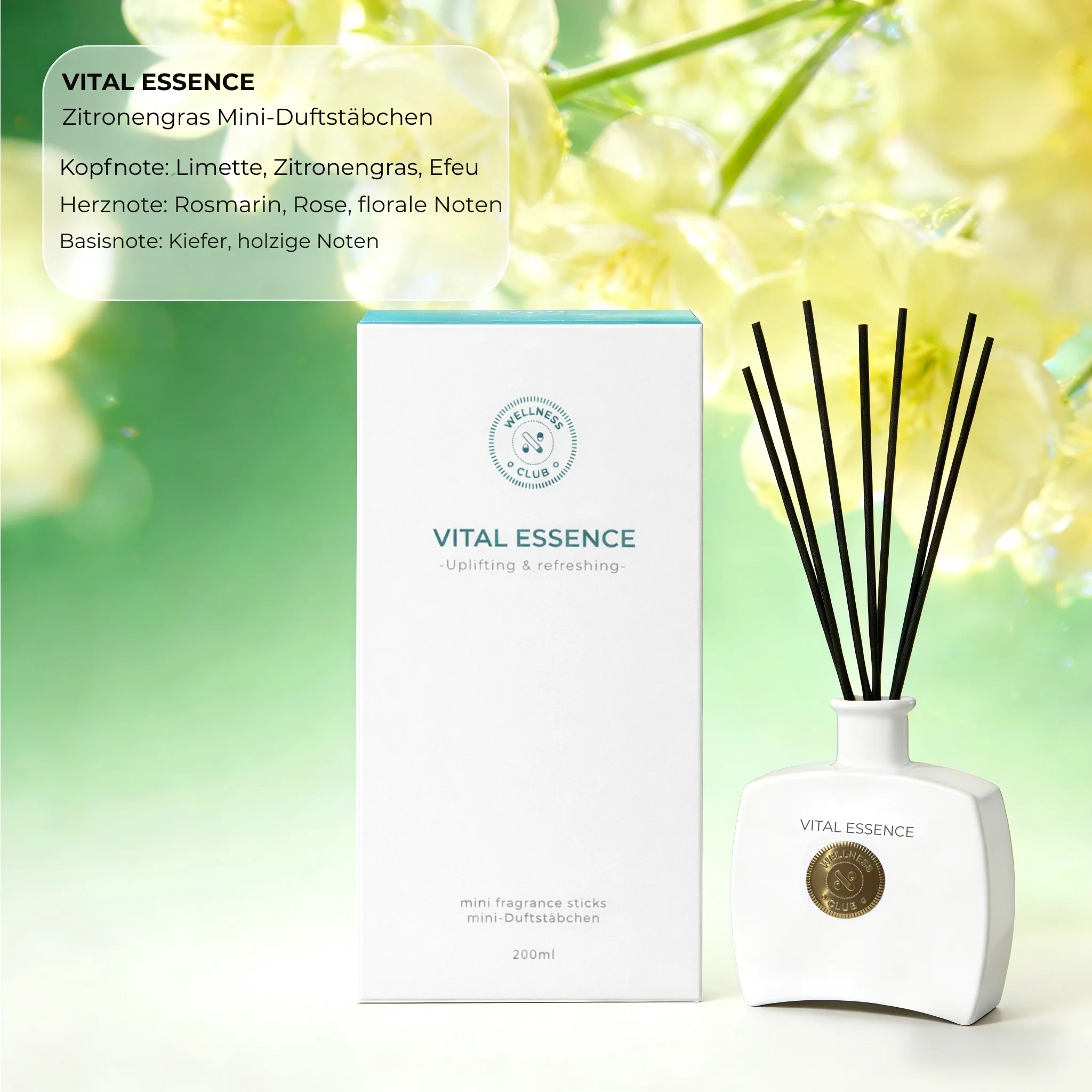 Diffusore di fragranze con bastoncini di incenso alla citronella VITAL ESSENCE di Wellness Club – 200 ml – Oli essenziali naturali – 8 bastoncini in rattan – Per soggiorno, ufficio, bagno, camera da letto - Image 3