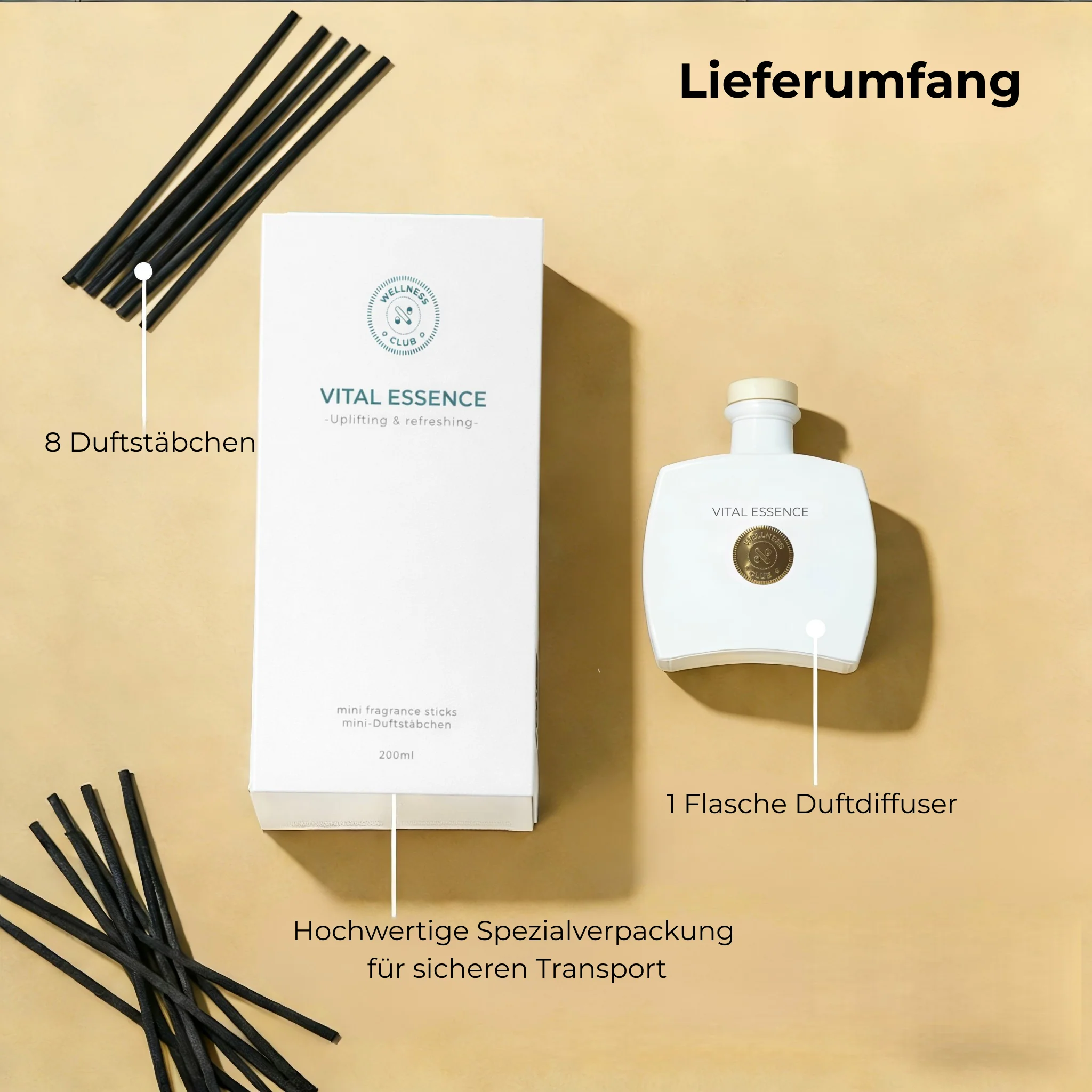 Diffusore di fragranze con bastoncini di incenso alla citronella VITAL ESSENCE di Wellness Club – 200 ml – Oli essenziali naturali – 8 bastoncini in rattan – Per soggiorno, ufficio, bagno, camera da letto - Image 7