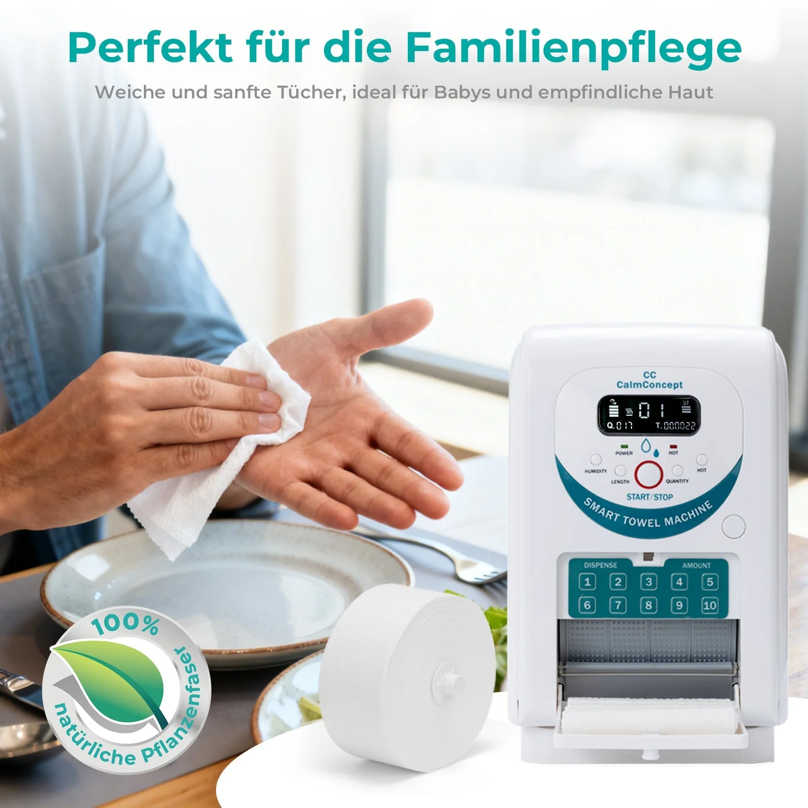 Rotolo di asciugamani monouso CalmConcept® 23M, realizzato al 100% in fibre vegetali naturali, texture perlata 3D, morbido, senza pelucchi, biodegradabile, per uso asciutto e bagnato, per modelli di dispenser di asciugamani caldi A e C - Image 8