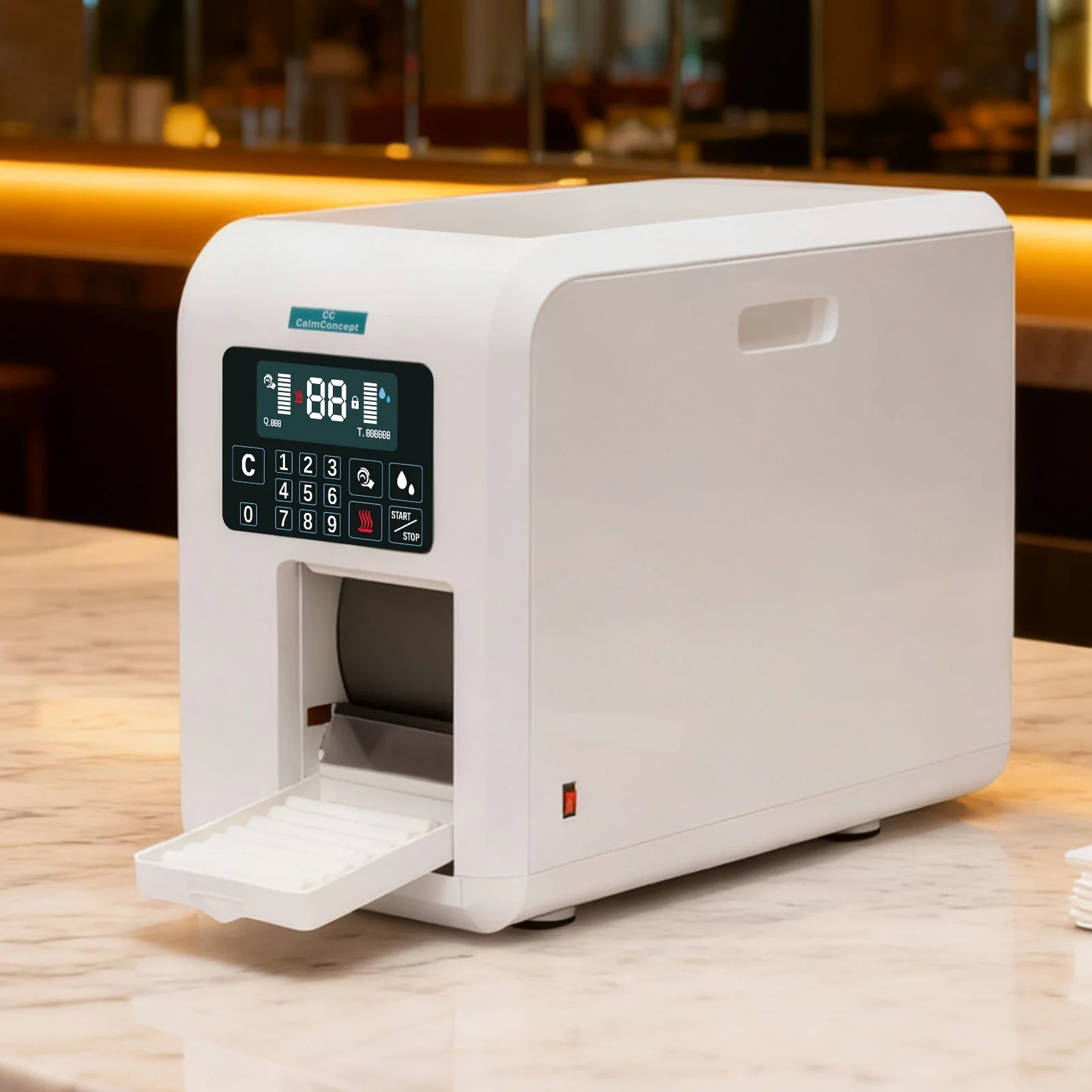 Dispenser di asciugamani caldi CalmConcept® con funzione di umidificazione e riscaldamento (fino a 60 °C), display LED, erogazione rapida in 2 secondi, scaldasalviette monouso igienico per spa, centro estetico, ristorante, modello C - Image 11