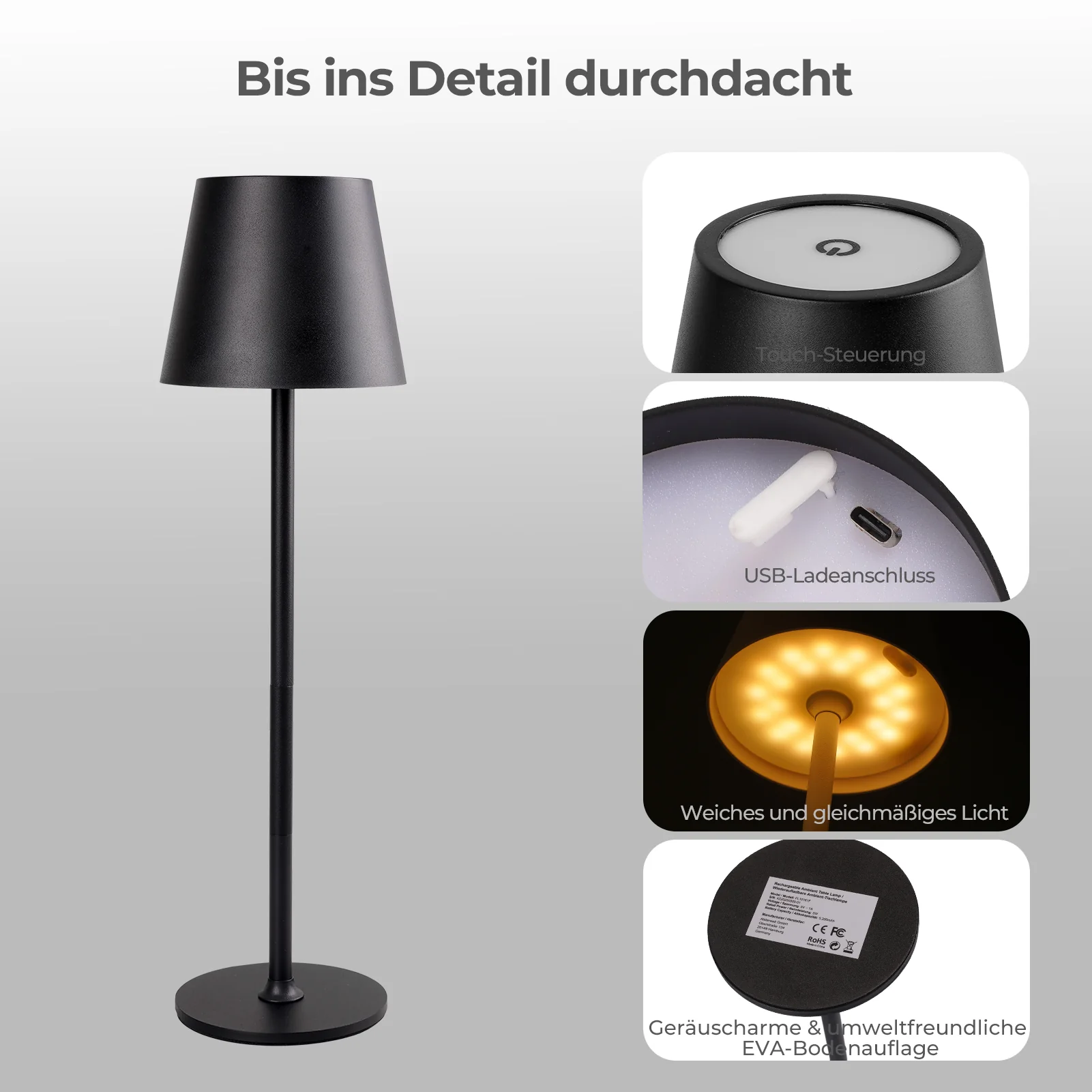 Lampada da tavolo a LED ricaricabile – Dimmerabile e con controllo touch – 3 modalità di temperatura colore – Altezza regolabile – Ideale per camera da letto, soggiorno, ufficio e ristorante. - Image 4