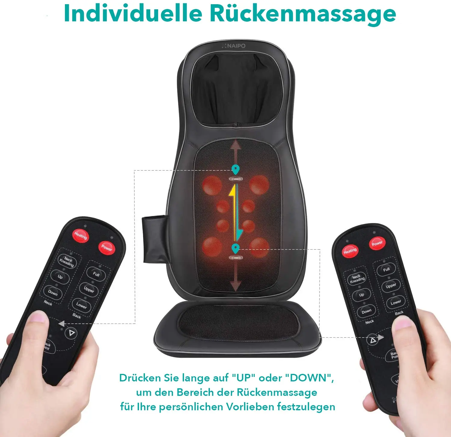Cuscino NAIPO per massaggio  Shiatsu, cuscino per sedile massaggiante, dispositivo per massaggio alla schiena con funzione di calore - Image 4