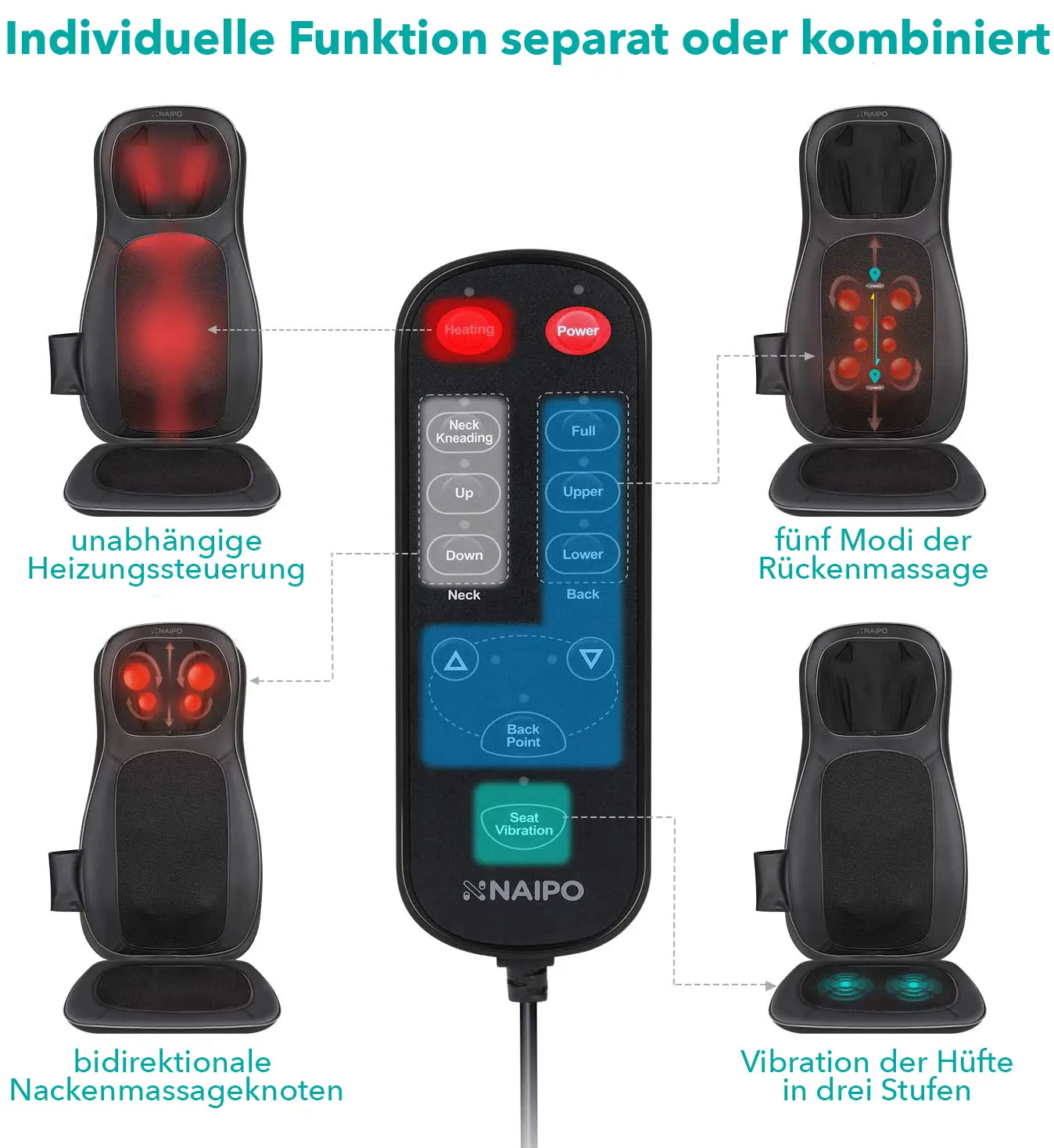 Cuscino NAIPO per massaggio  Shiatsu, cuscino per sedile massaggiante, dispositivo per massaggio alla schiena con funzione di calore - Image 6