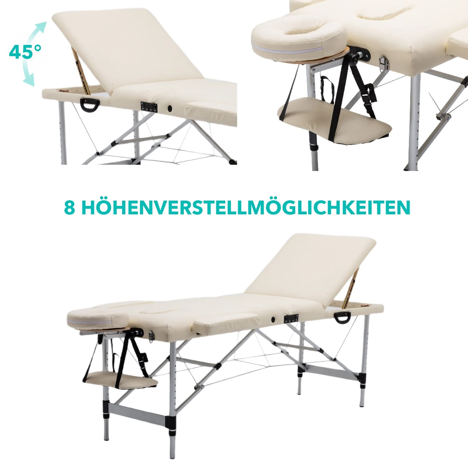 Lettino da massaggio NAIPO® Premium a 3 zone, regolabile in altezza, pieghevole, inclusa borsa con ruote, 185 x 60 cm, certificato TÜV GS, modello: Aspria by NAIPO - Image 3