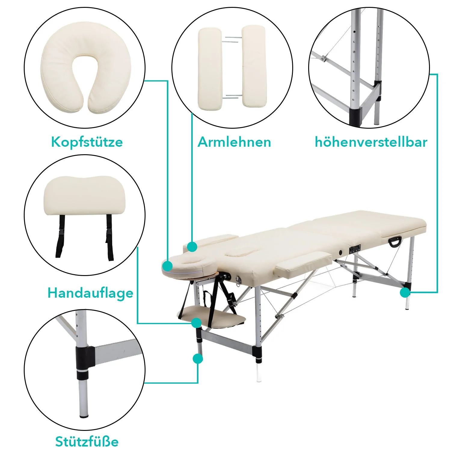 Lettino da massaggio NAIPO® Premium a 3 zone, regolabile in altezza, pieghevole, inclusa borsa con ruote, 185 x 60 cm, certificato TÜV GS, modello: Aspria by NAIPO - Image 4