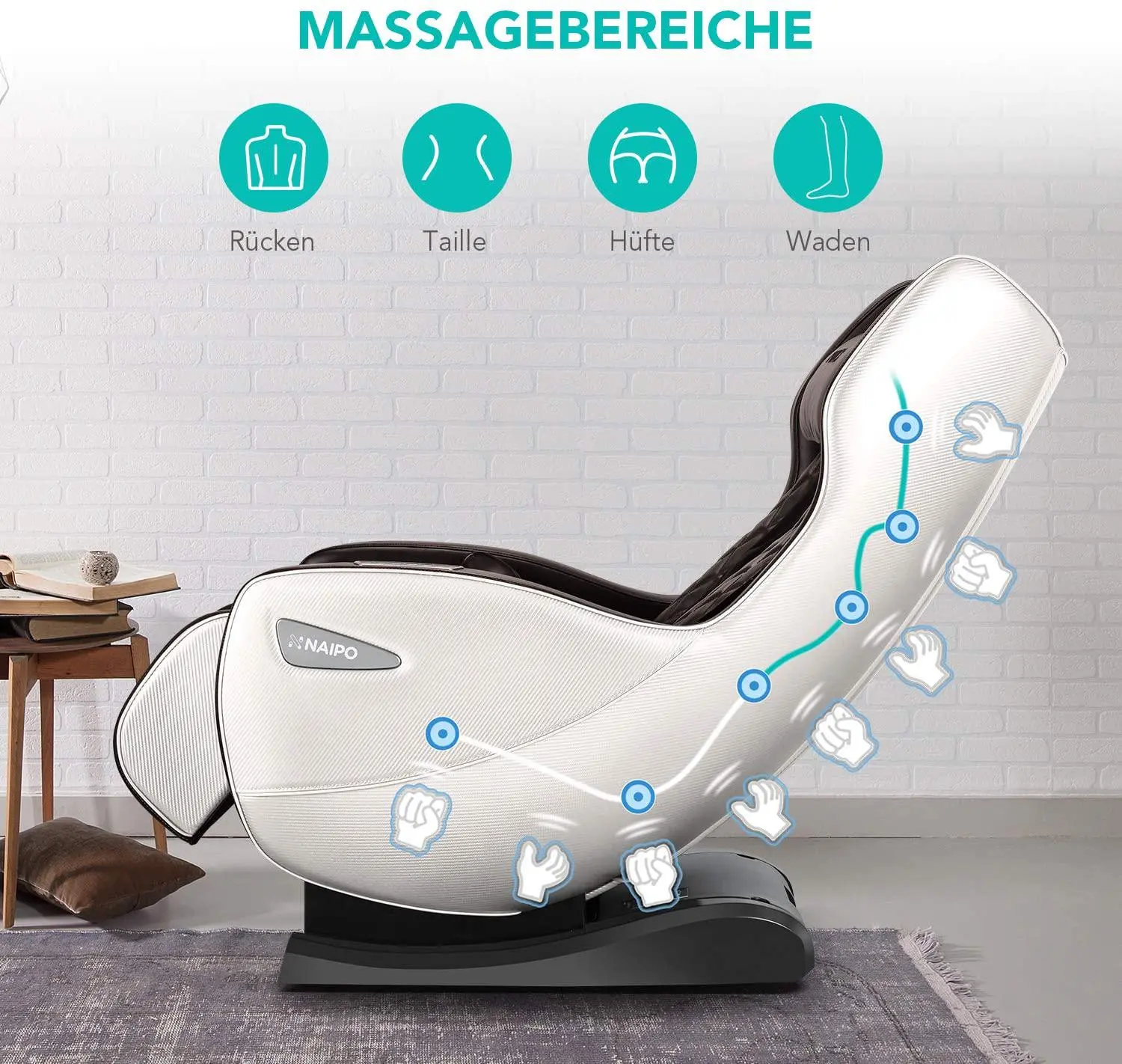 Poltrona da massaggio premium NAIPO, premio per il design, Bluetooth, funzione reclinabile, salvaspazio - Image 3