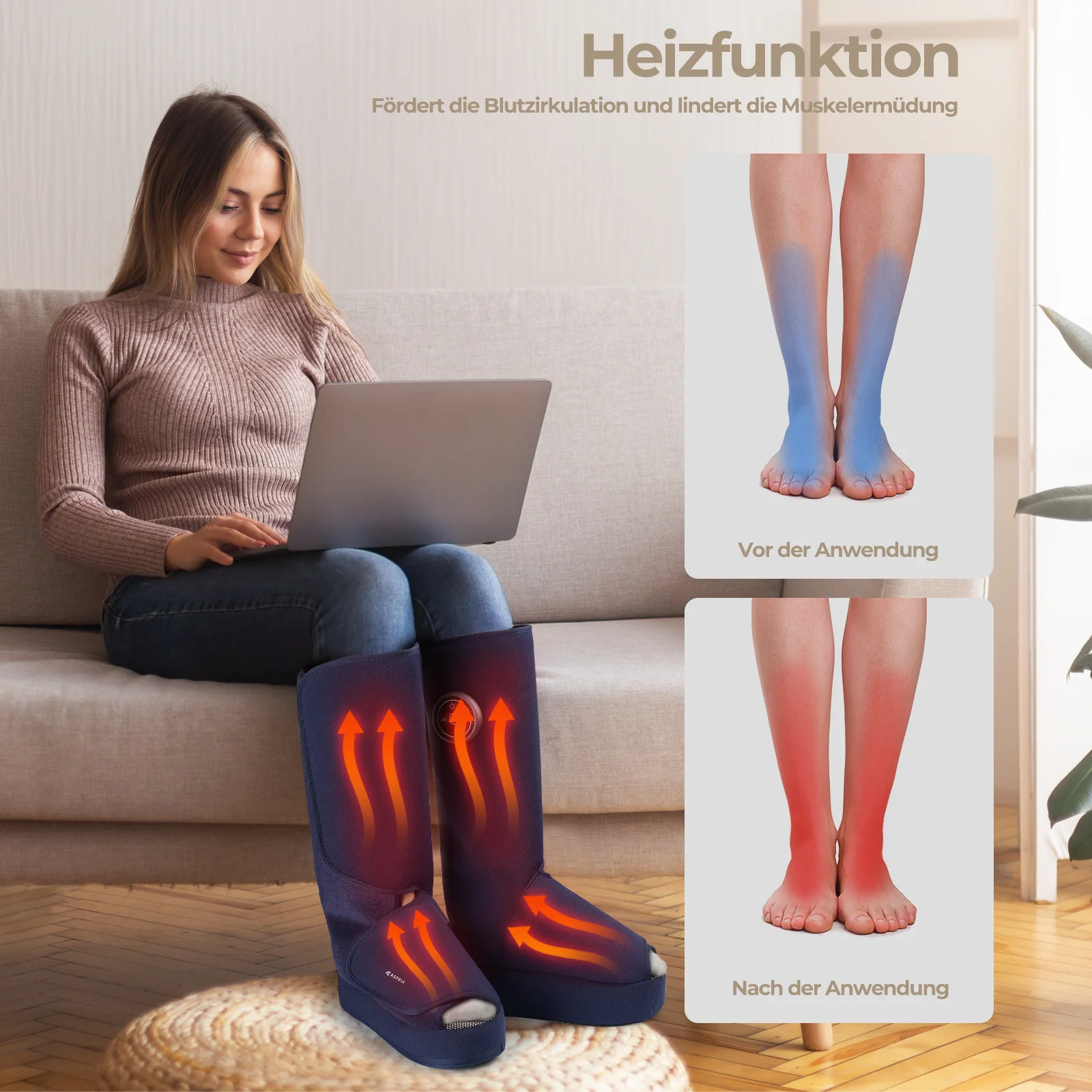 Aspria by Naipo Massaggiatore per piedi, Massaggiatore per piedi per polpacci 2 in 1 con compressione dell'aria, vibrazione e terapia del calore, Stivali per massaggio ai piedi per gambe gonfie, edema, Design wireless, Blu - Image 5