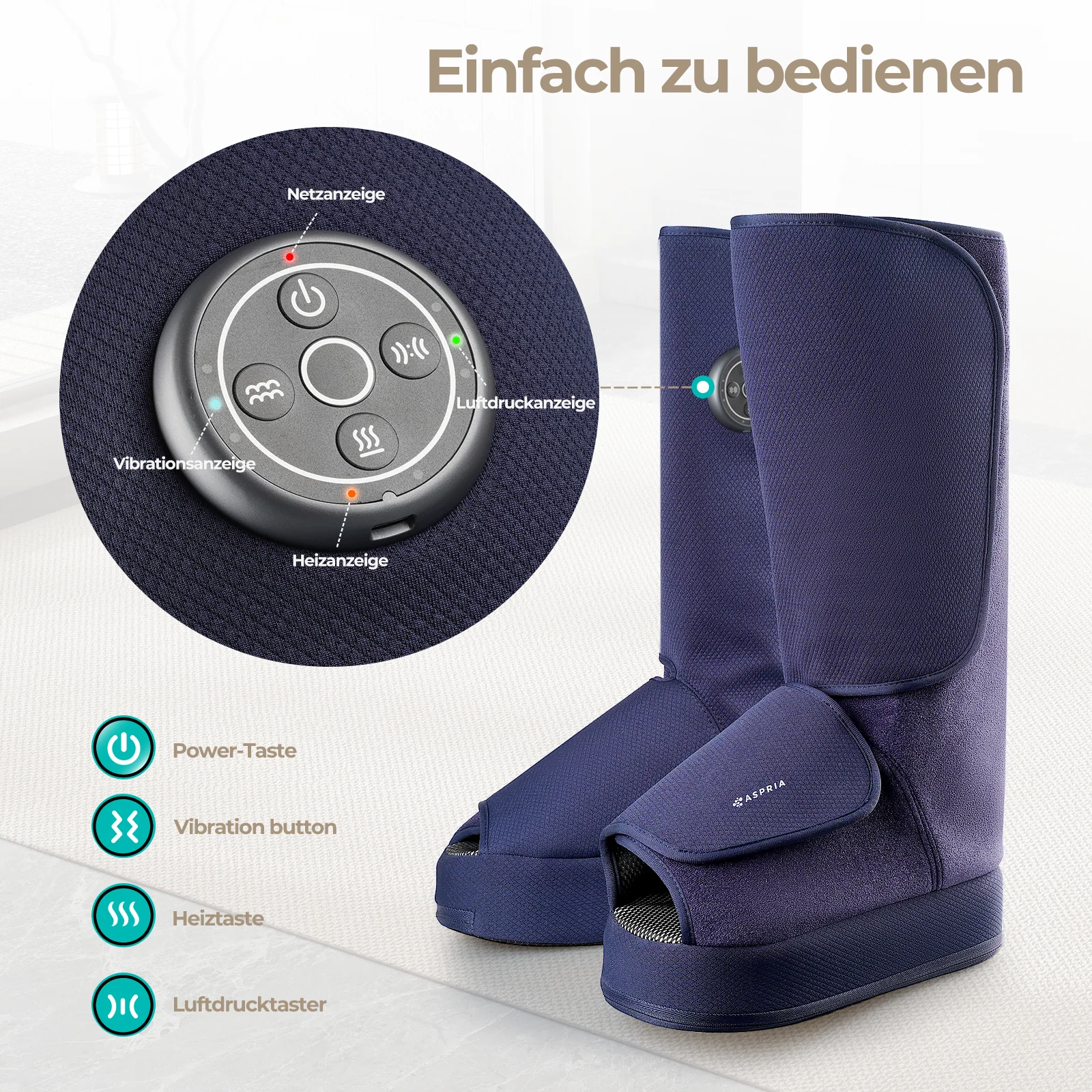 Aspria by Naipo Massaggiatore per piedi, Massaggiatore per piedi per polpacci 2 in 1 con compressione dell'aria, vibrazione e terapia del calore, Stivali per massaggio ai piedi per gambe gonfie, edema, Design wireless, Blu - Image 6