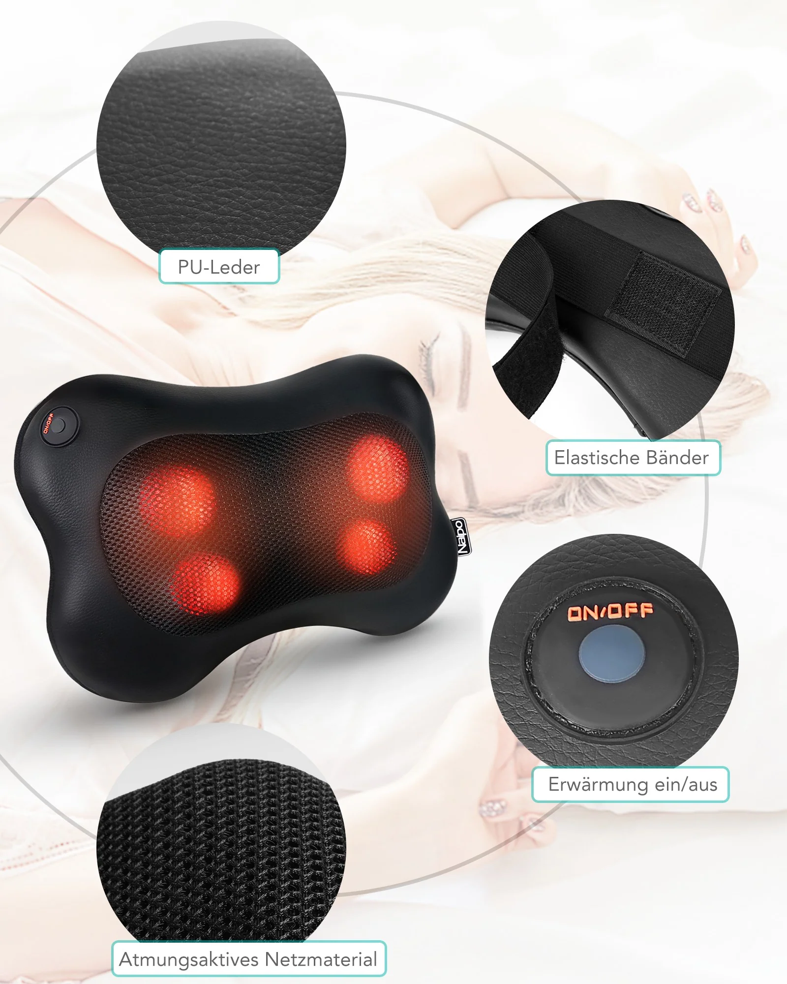 Cuscino per massaggio Shiatsu Naipo massaggio collo massaggio  schiena con 3D testine massaggianti  e funzione calore a infrarossi per ufficio auto o casa - Image 12