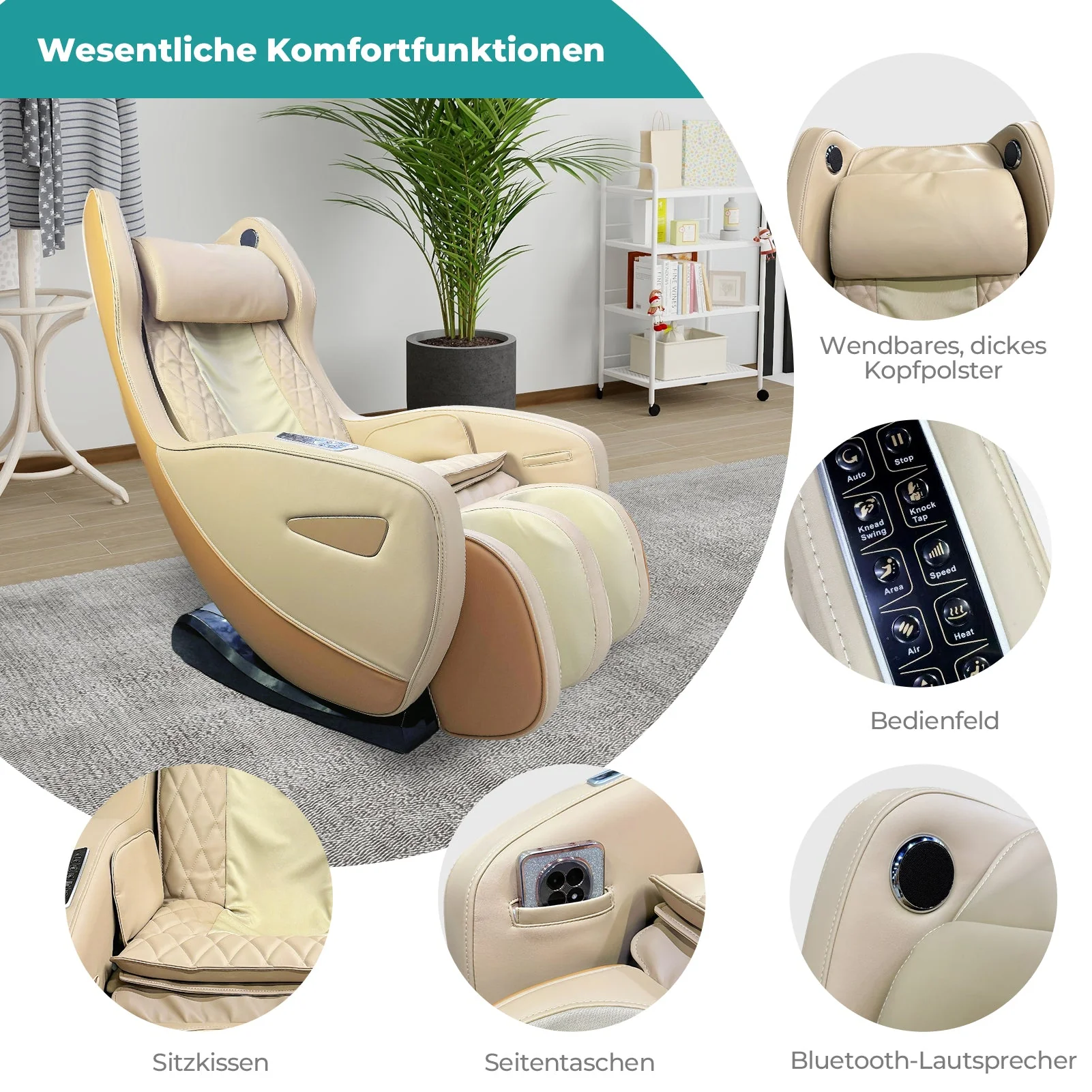 Poltrona massaggiante NAIPO con calore | Premio di design | Bluetooth | Funzione reclinabile | Salvaspazio | Crema-Beige - Image 6