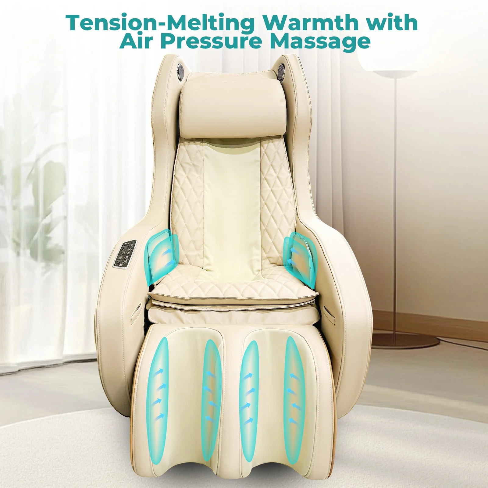 Poltrona massaggiante NAIPO con calore | Premio di design | Bluetooth | Funzione reclinabile | Salvaspazio | Crema-Beige - Image 10