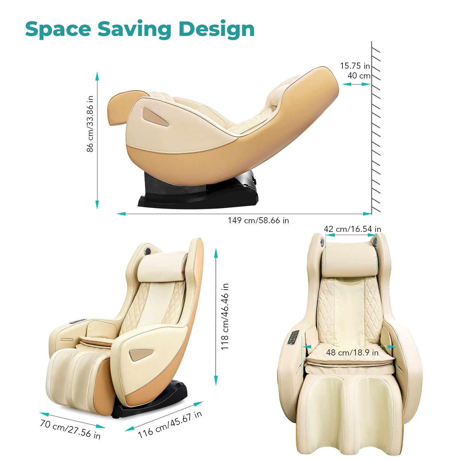 Poltrona massaggiante NAIPO con calore | Premio di design | Bluetooth | Funzione reclinabile | Salvaspazio | Crema-Beige - Image 12