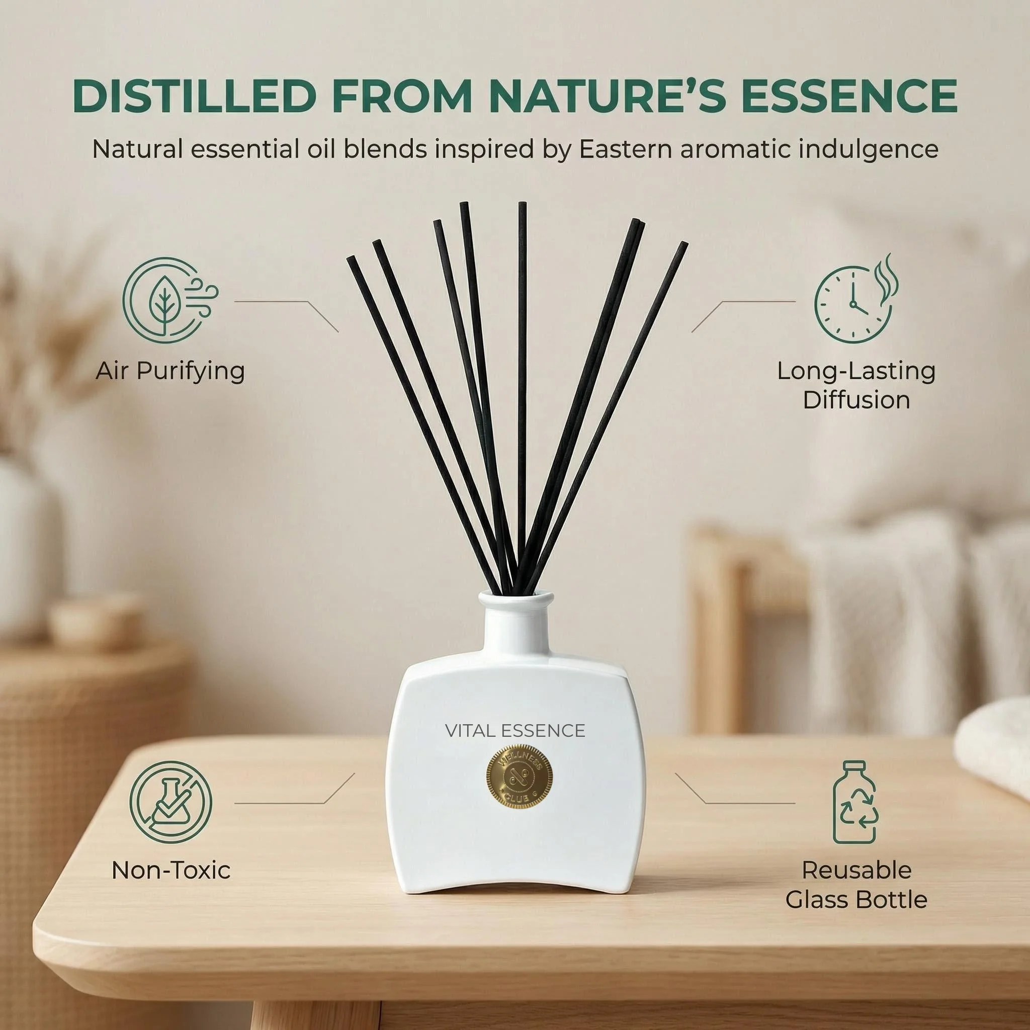 Diffusore di aromi a bastoncini Vital Essence Lemongrass di Wellness Club 200 ml – Oli essenziali naturali – 8 bastoncini in rattan – Per soggiorno, ufficio, bagno, camera da letto - Image 2